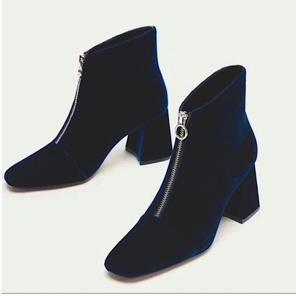 Women’s Black Velvet Ankle Boots with Front Zip